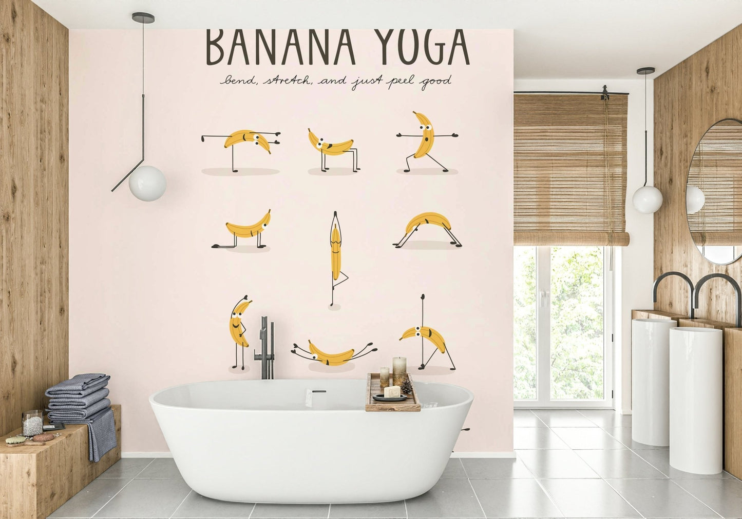 Cartoon-style mural of bananas performing yoga on a soft background.

