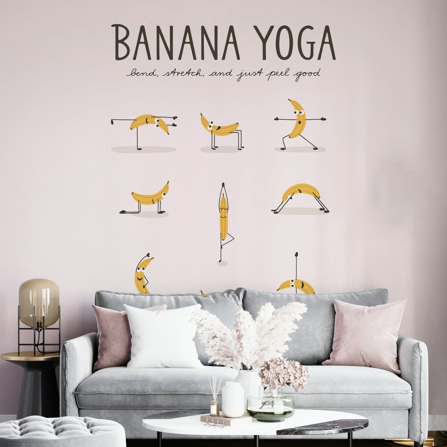 Light-hearted banana yoga wallpaper for playful spaces.

