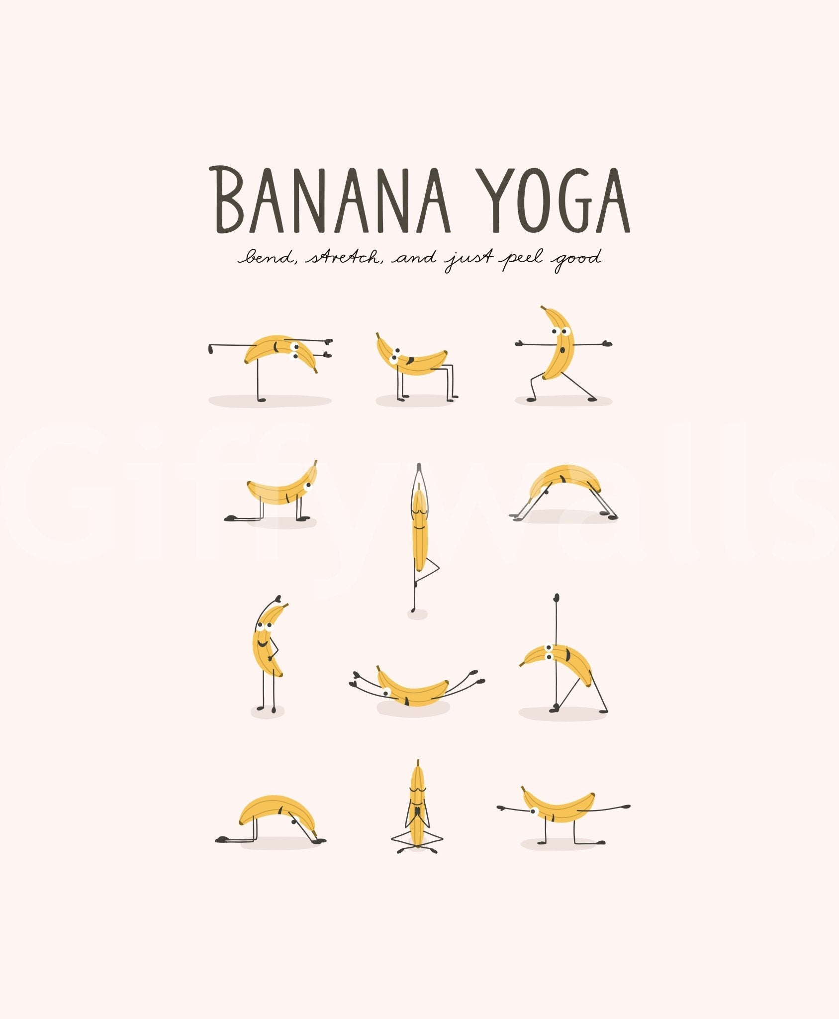 Banana Yoga mural with humor and energy for kids or gyms.

