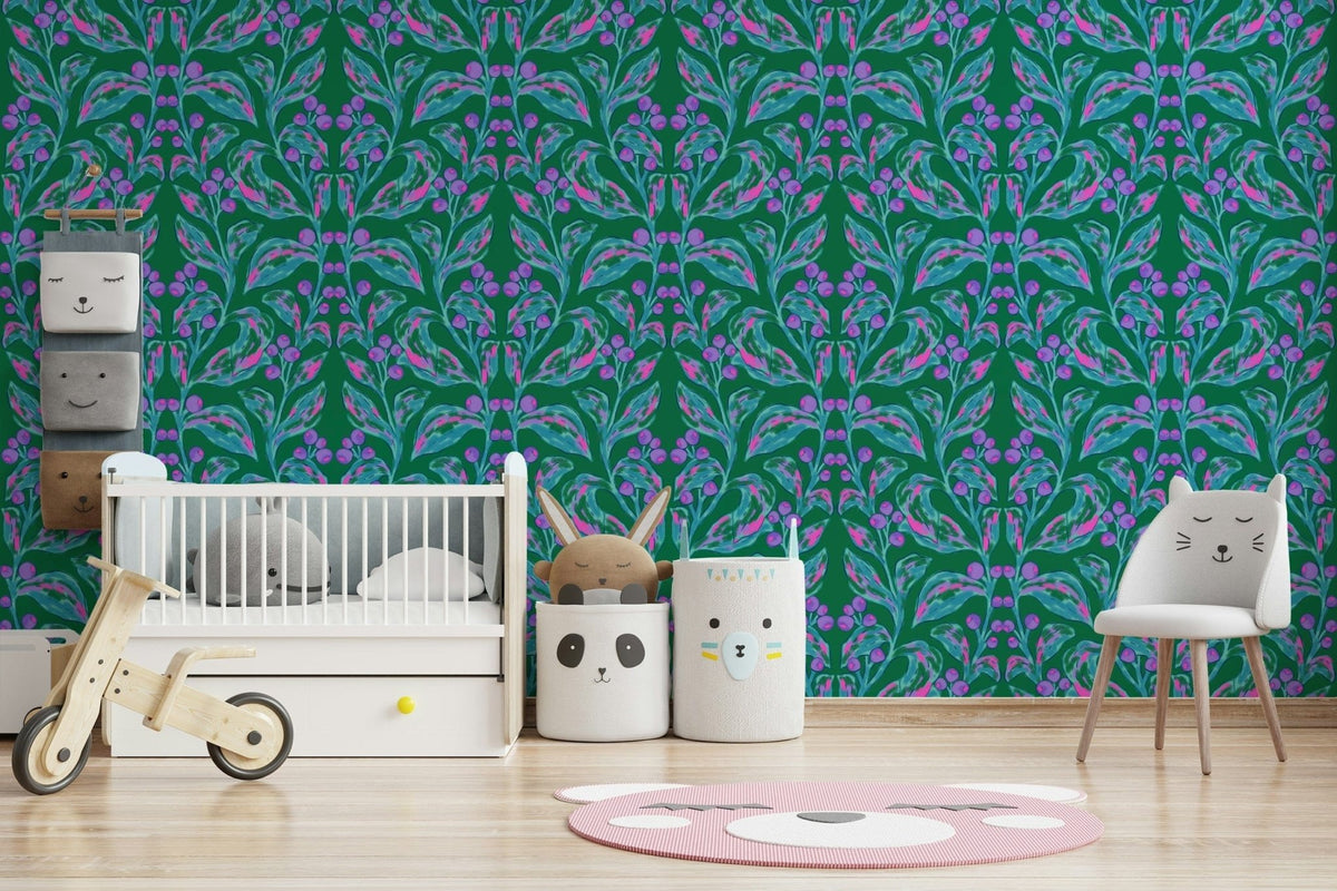 Berry Branch Symphony wallpaper behind a white crib and animal-face chair in a green nursery