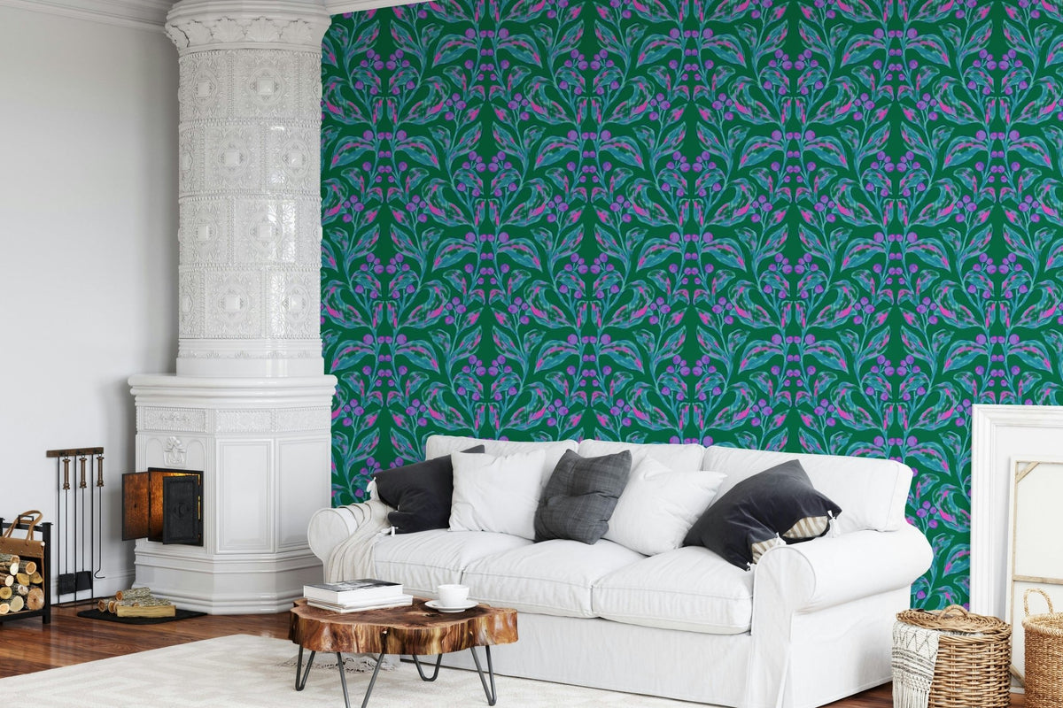 Berry Branch Symphony wallpaper behind a white sofa and ornate tiled stove in a living room