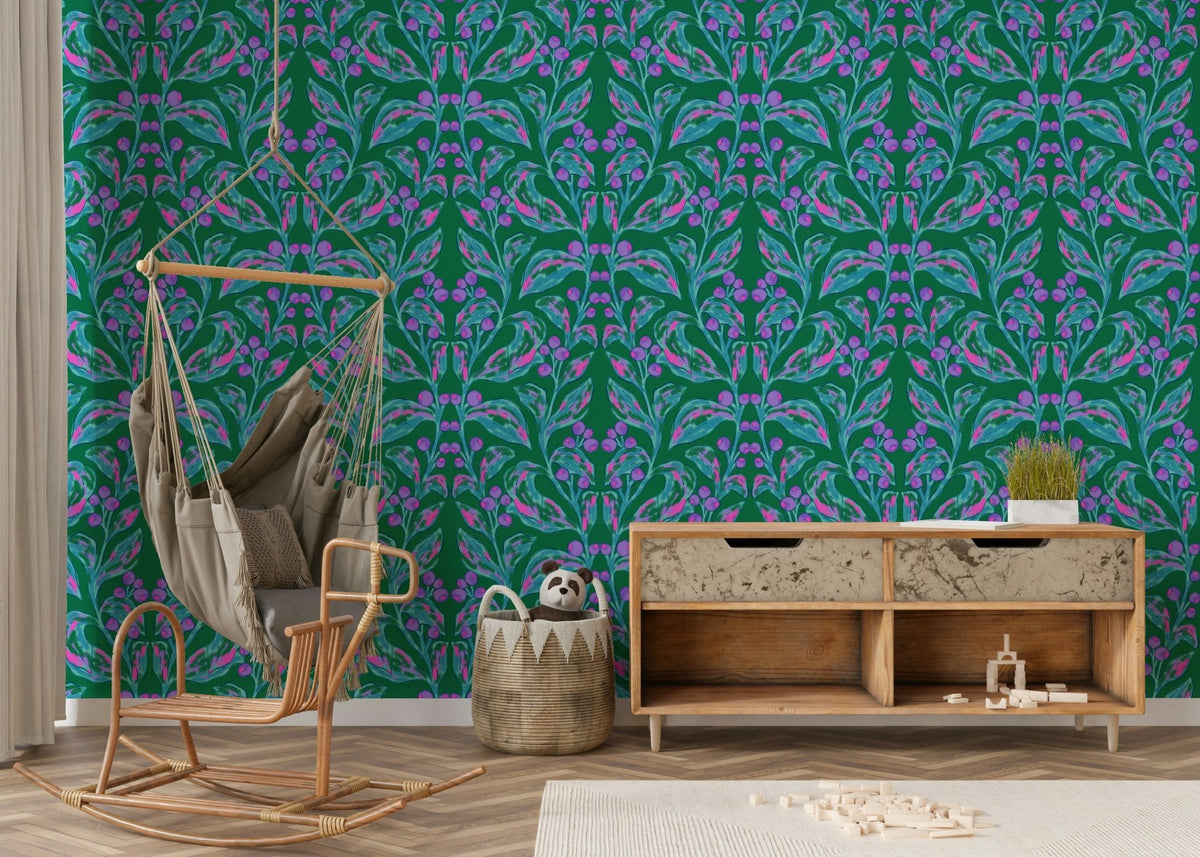 Berry Branch Symphony wallpaper behind a hanging hammock chair and wooden sideboard in a kids room