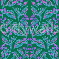 Berry Branch Symphony wallpaper close-up showing teal leaves and purple berries on a deep green ground