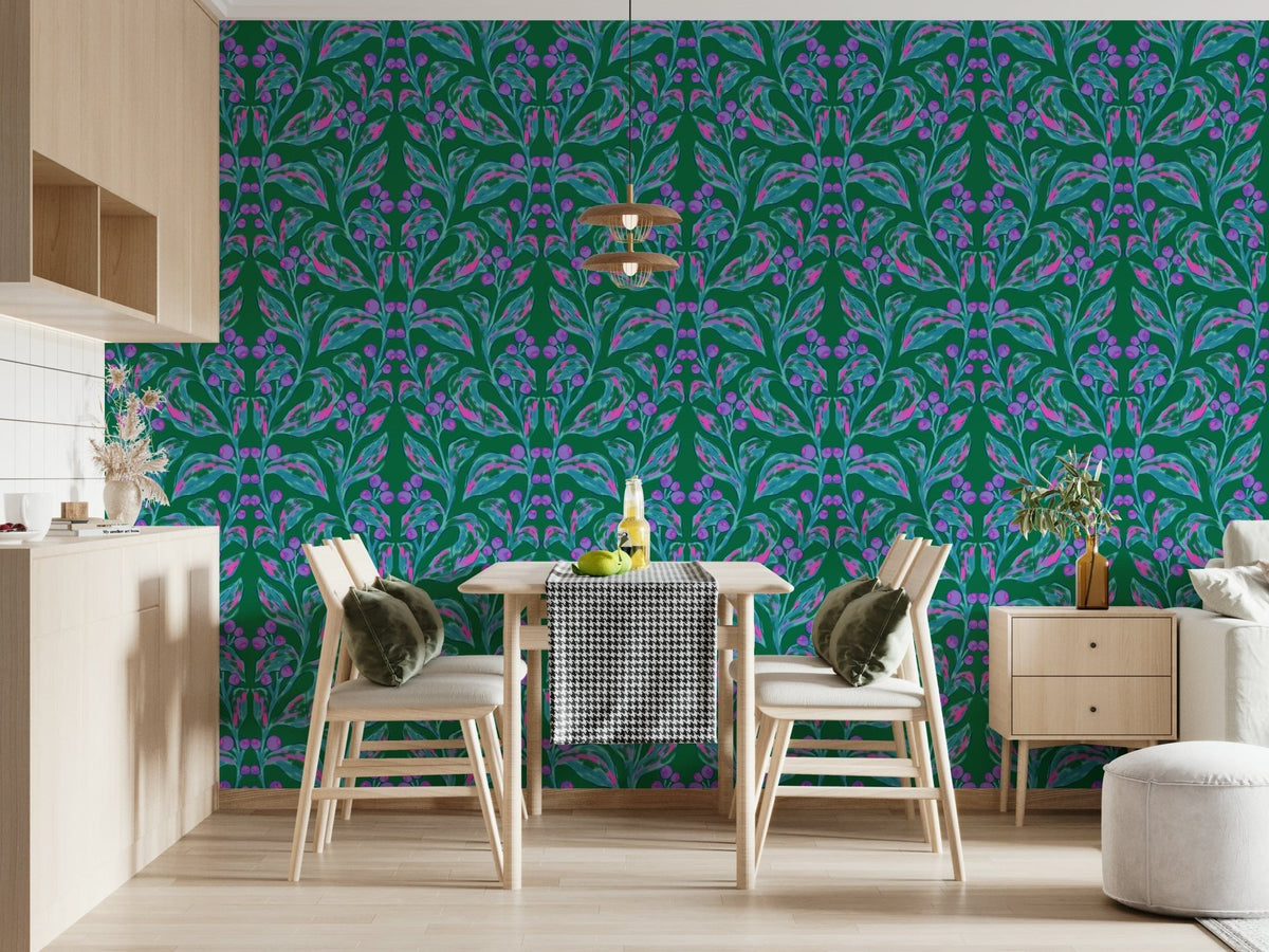 Berry Branch Symphony wallpaper of teal branches and purple berries on green behind a wooden dining table