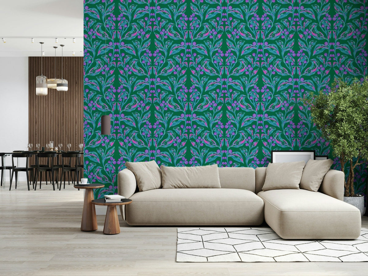 Berry Branch Symphony wallpaper behind a beige sectional sofa with a tall tree in an open living room