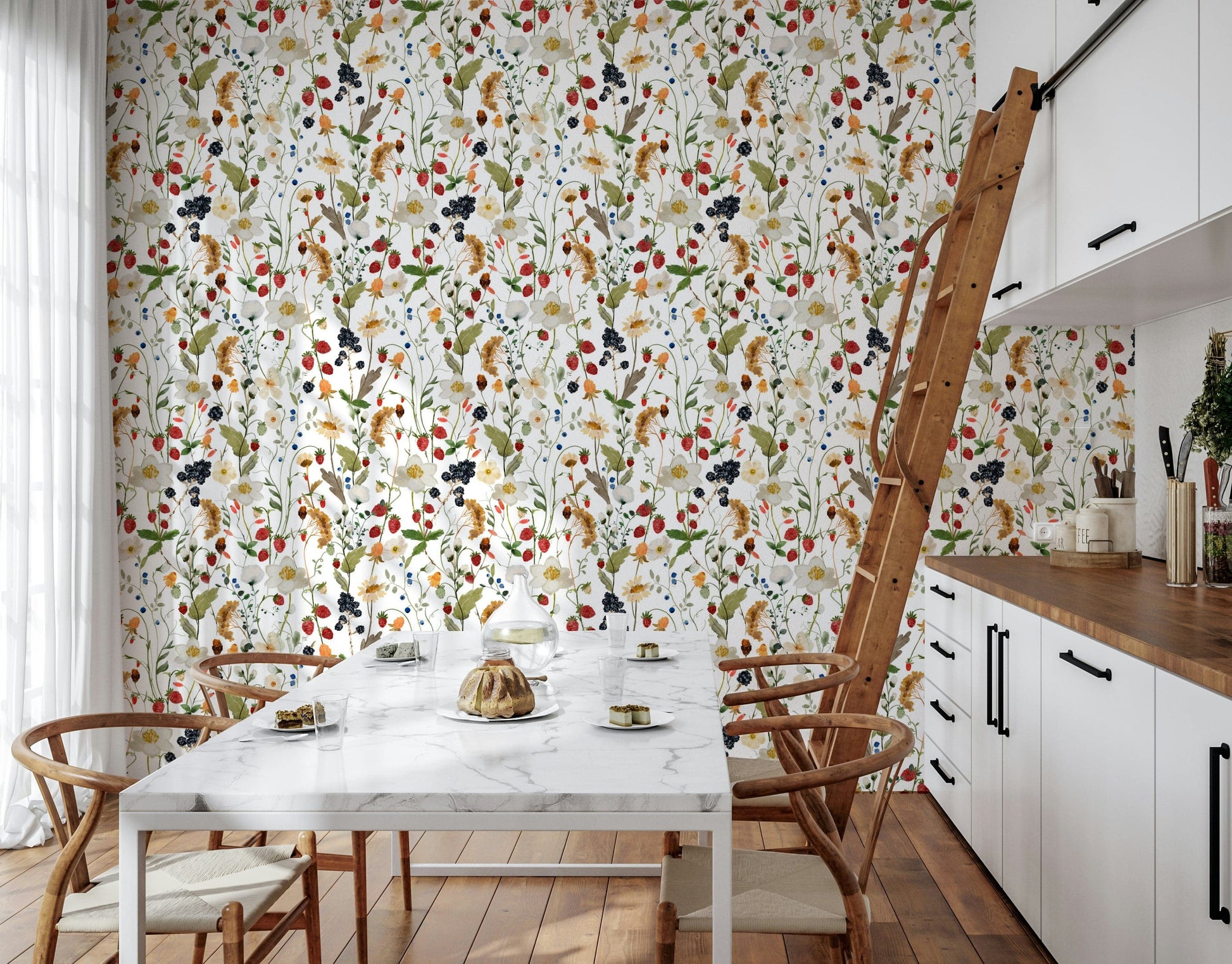 Monochrome white backdrop for Berry Bloom Meadow cozy wallpaper.