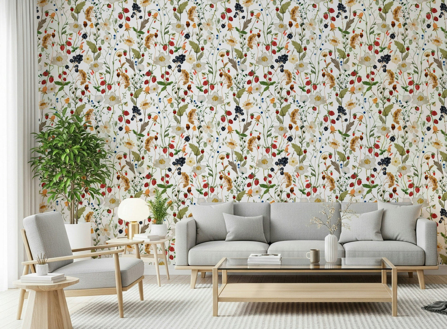 Lush fruiting meadow pattern of Berry Bloom Meadow mural art.