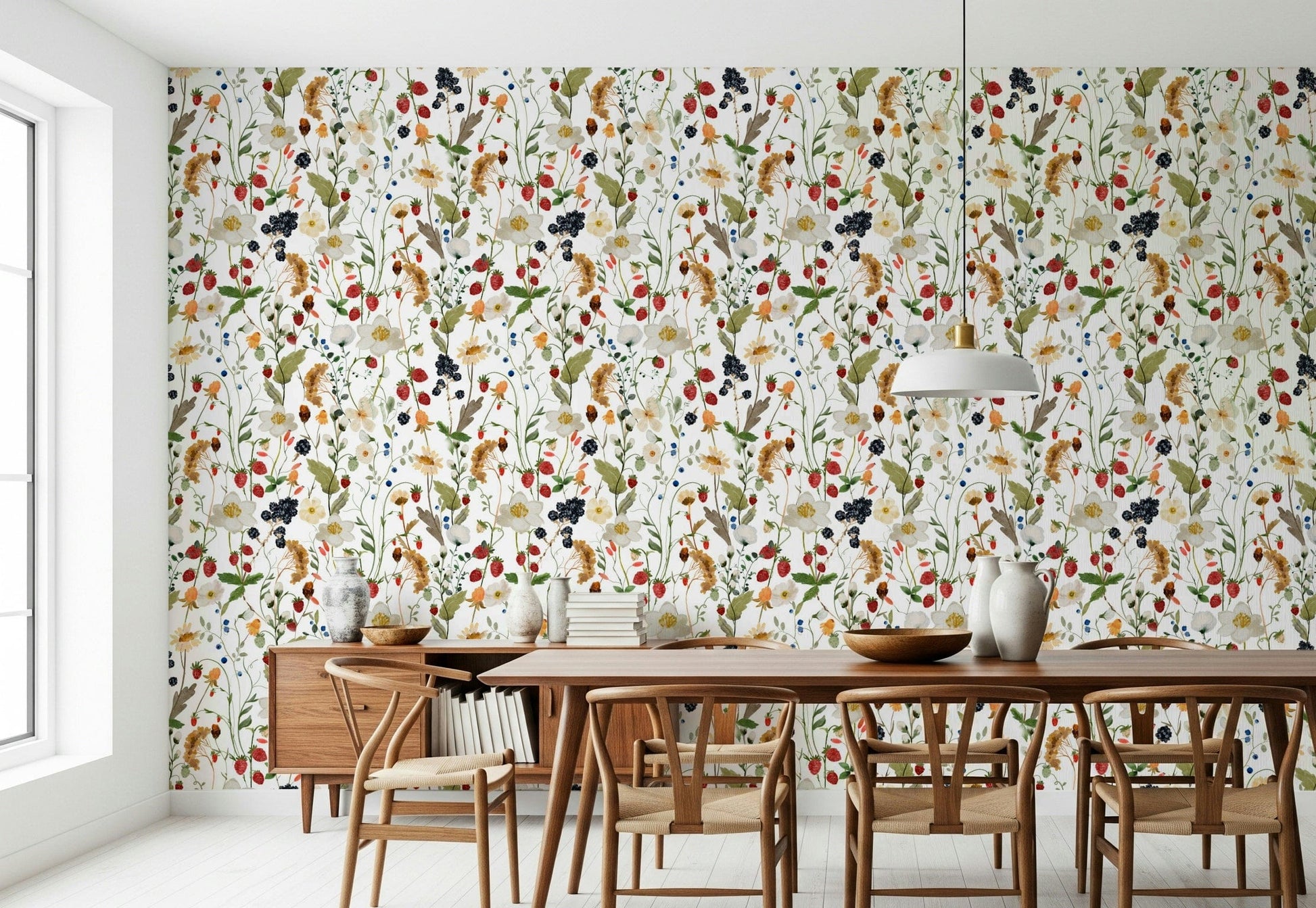 Berry Bloom Meadow botanical print featuring vibrant red strawberries.