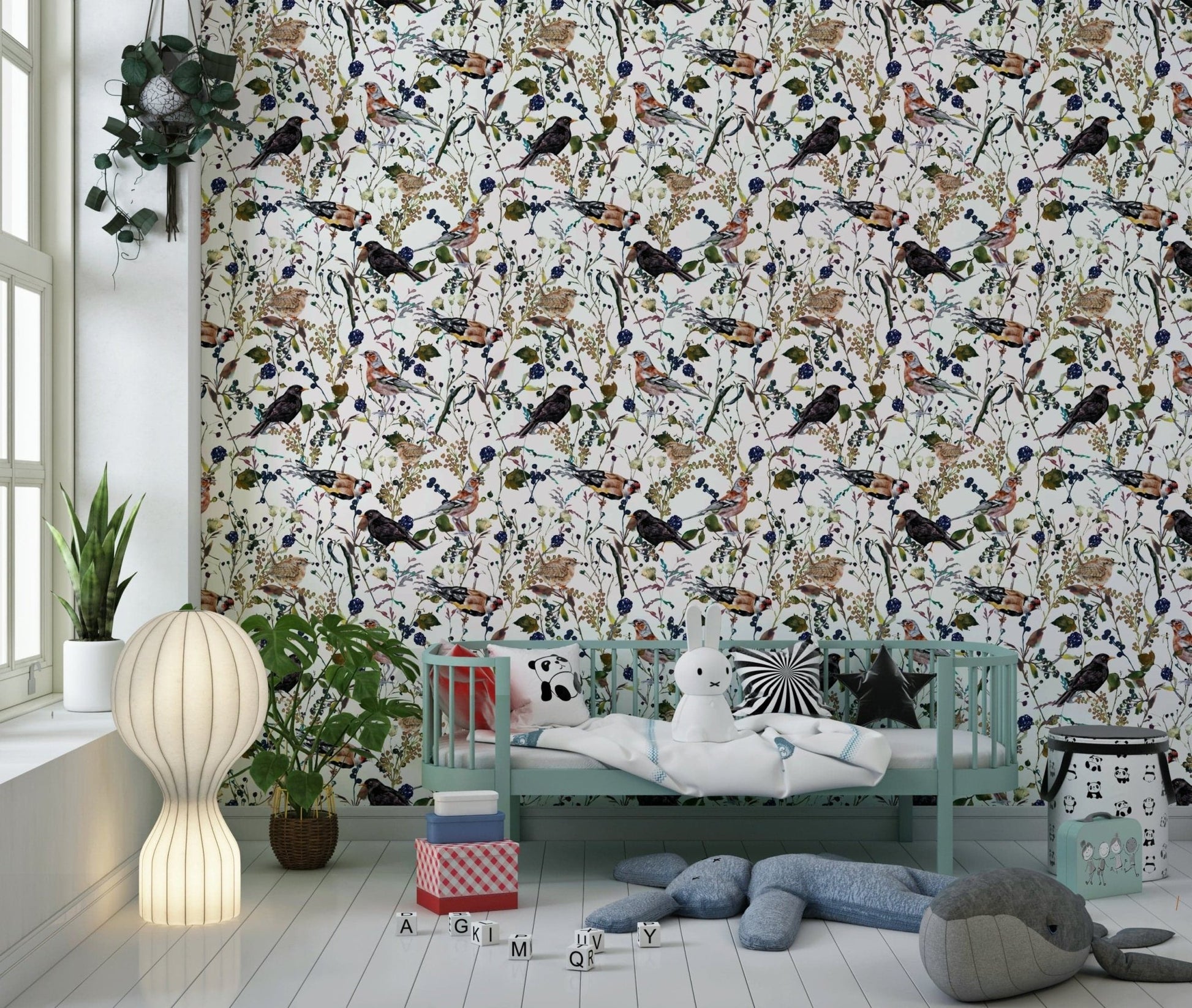Songbird wallpaper in bedroom, delicate berries and leaves, calm color palette, accent wall