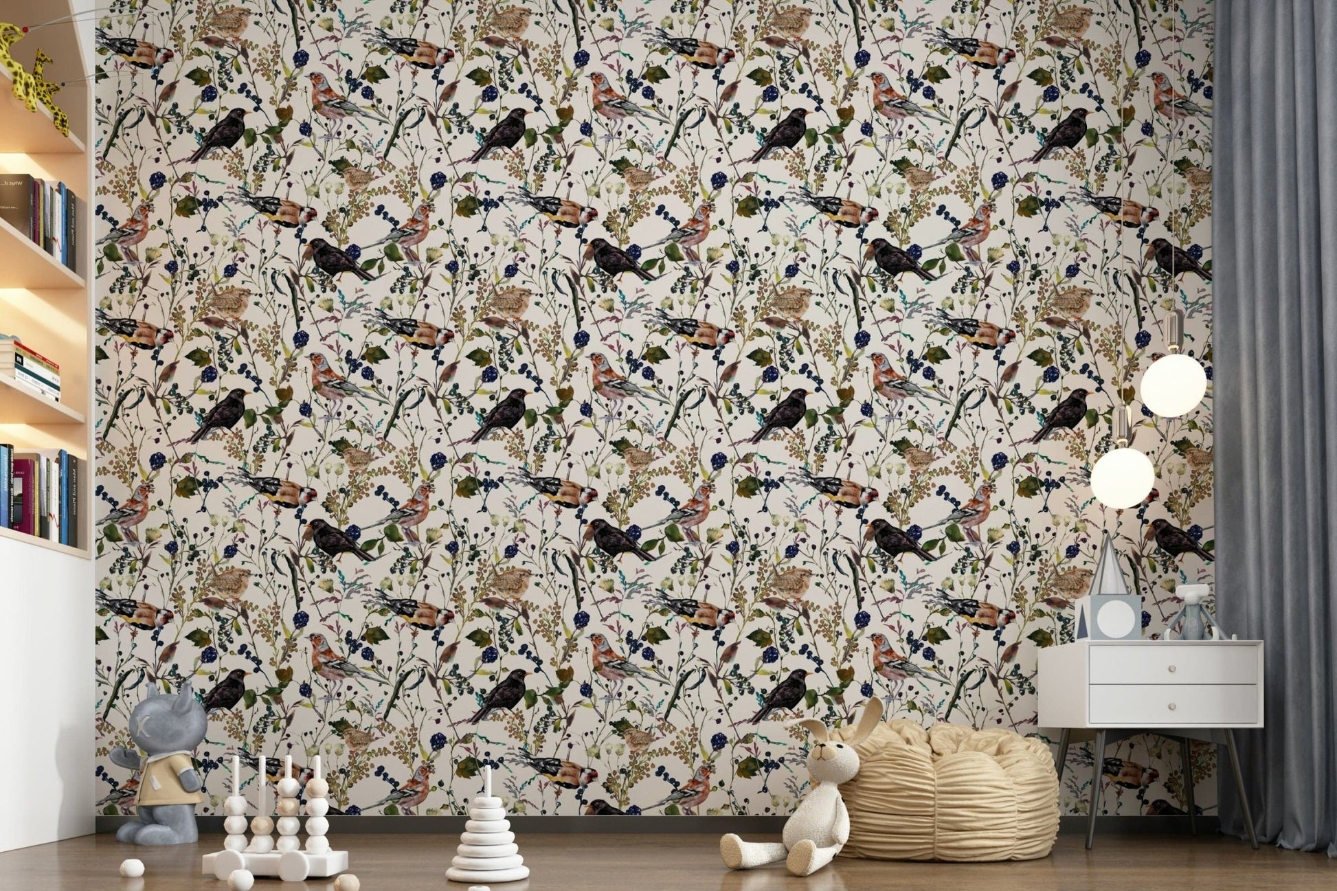 Botanical birds wallpaper in home office, clean desk setup, soft colors for focus-friendly decor