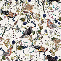 Berry branches and birds wallpaper in bathroom, light botanical style, modern fixtures