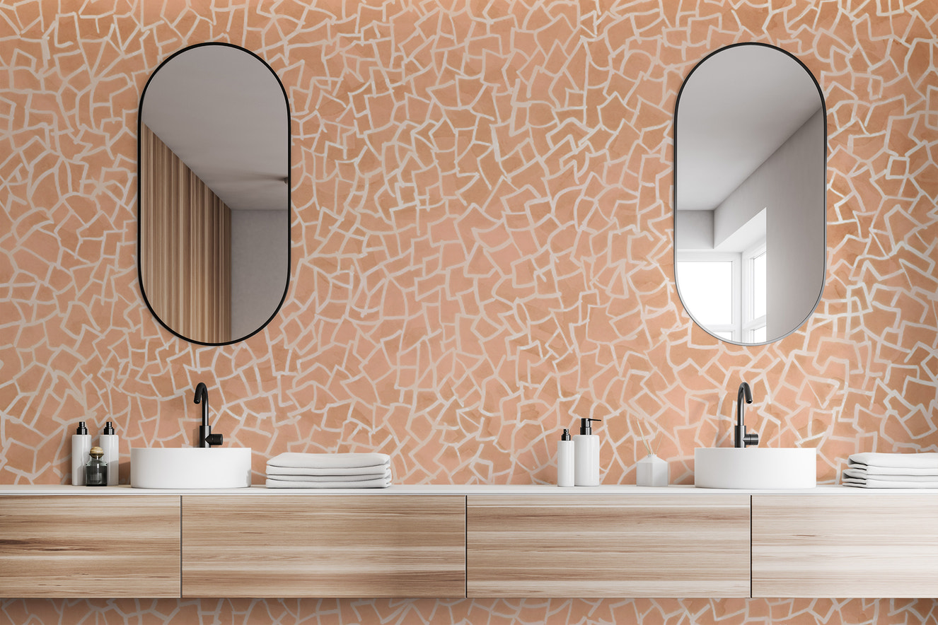 Pink and white mosaic wallpaper mural with geometric texture.
