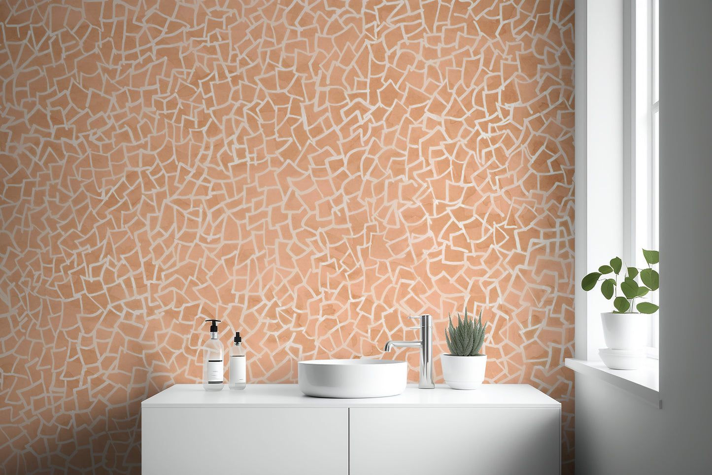 Blush pink geometric wall mural with abstract mosaic lines.
