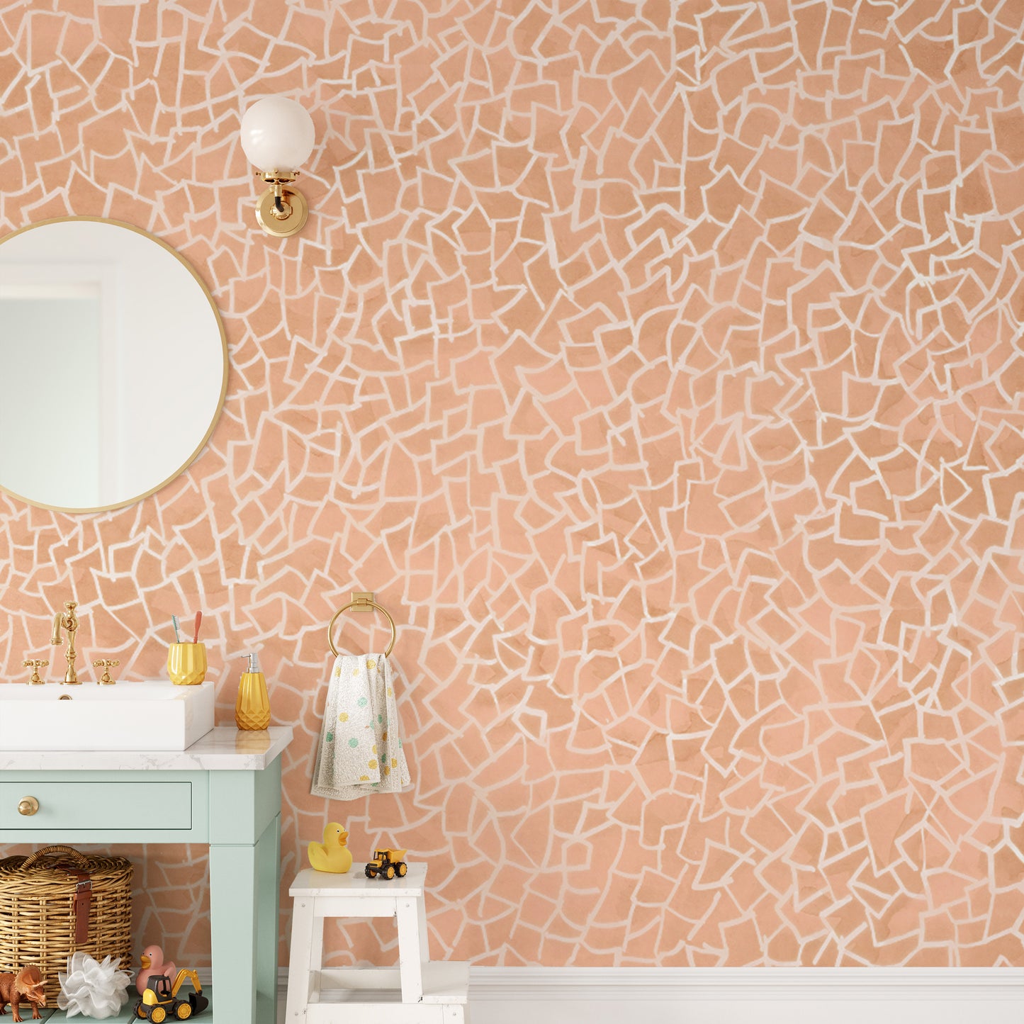 Abstract pink mosaic wallpaper mural for modern interiors.
