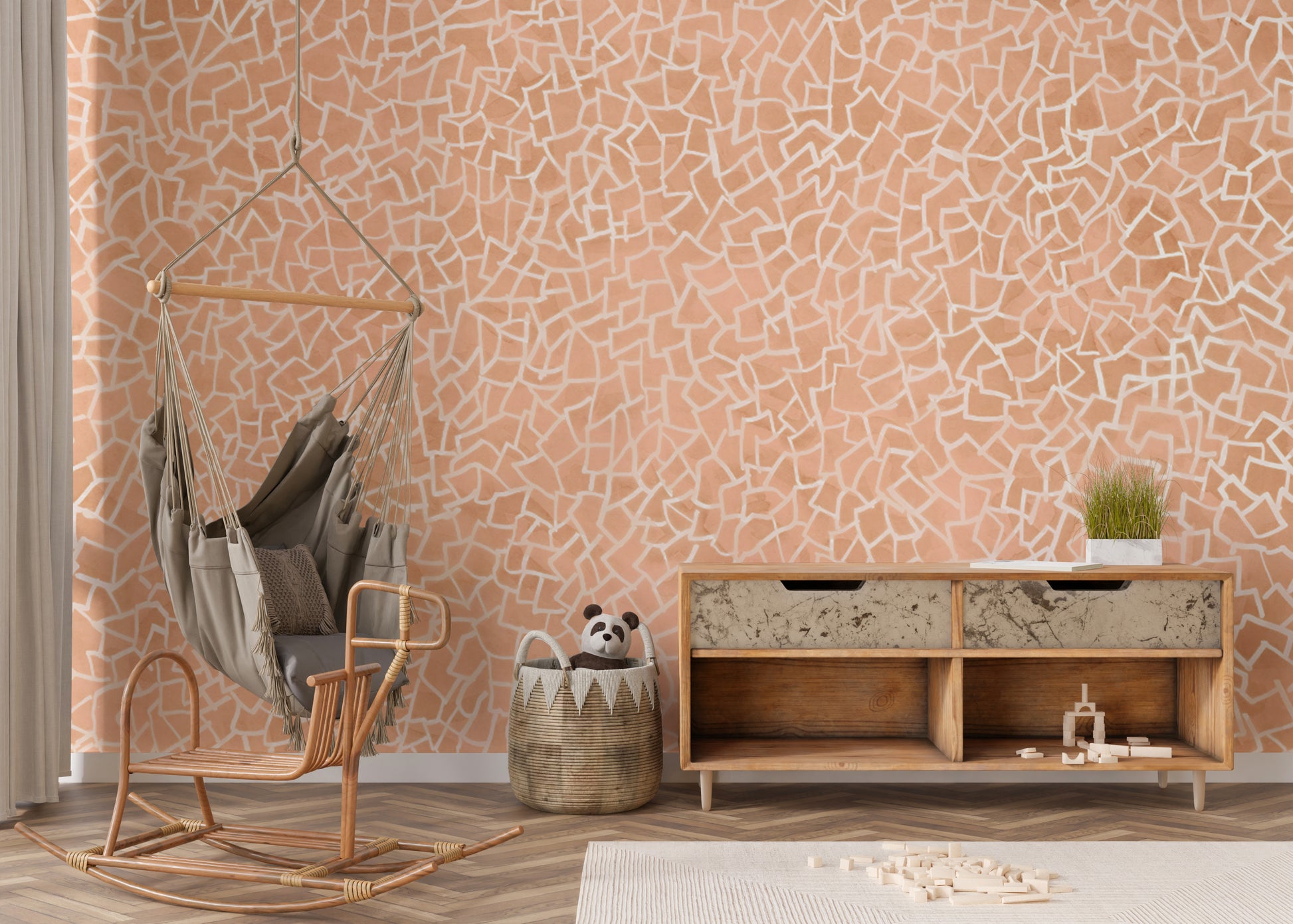 Modern pink wallpaper mural with mosaic-inspired geometric lines.

