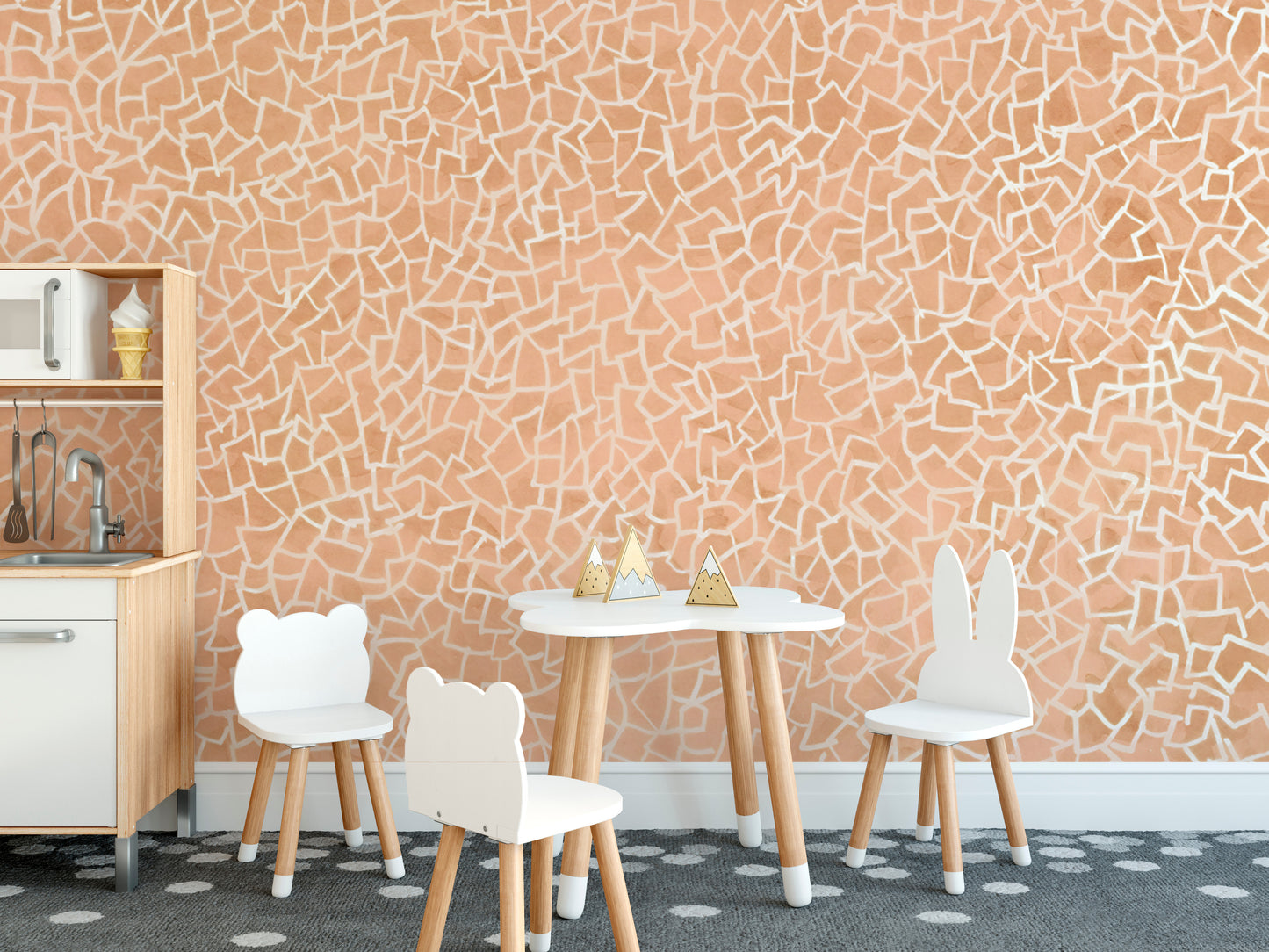 Contemporary pink geometric mosaic wall mural with white details.
