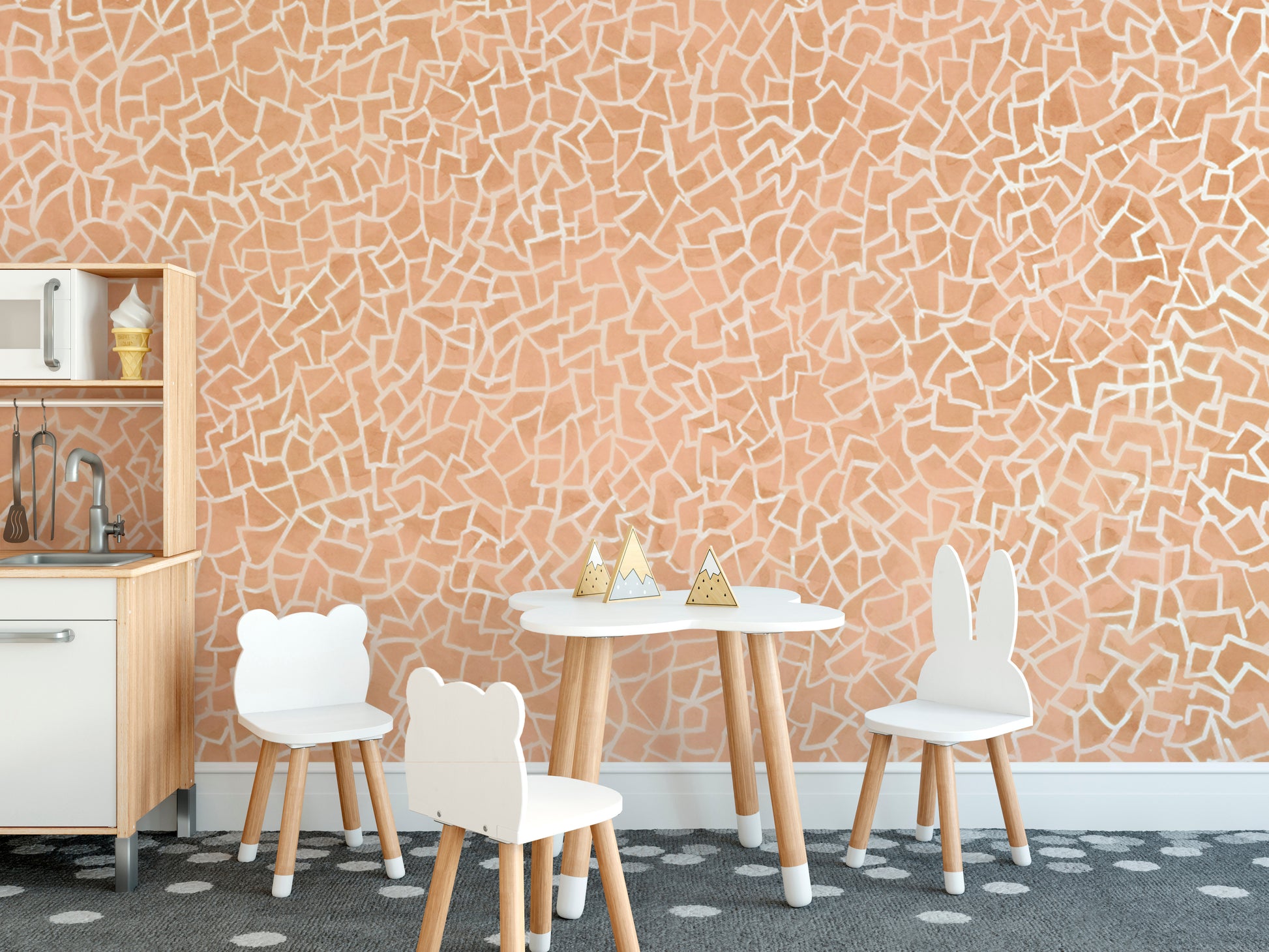 Contemporary pink geometric mosaic wall mural with white details.
