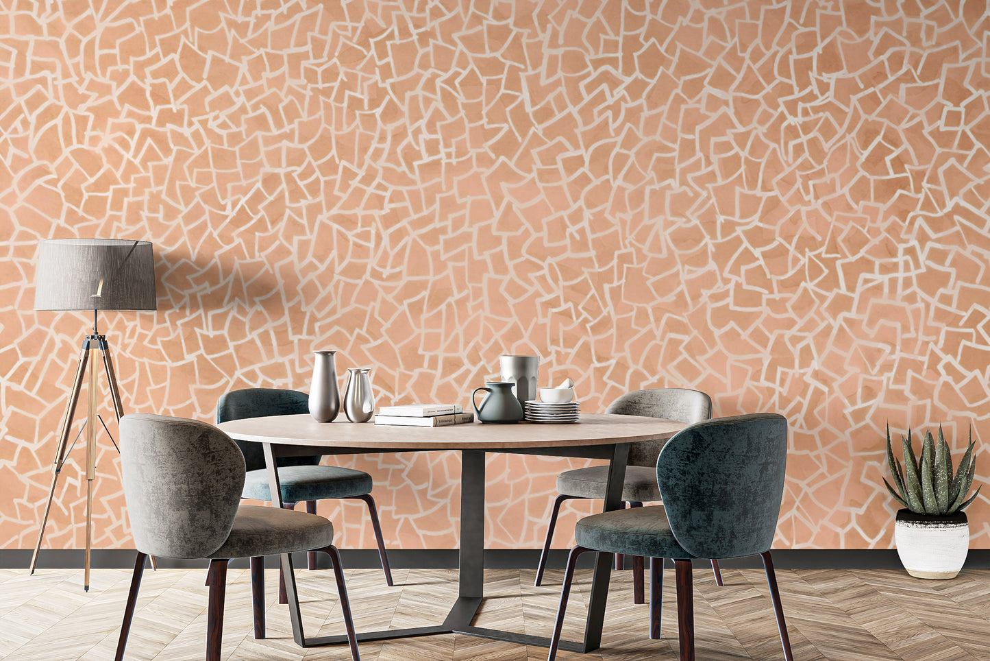 Abstract pink geometric mosaic wallpaper mural with white lines.
