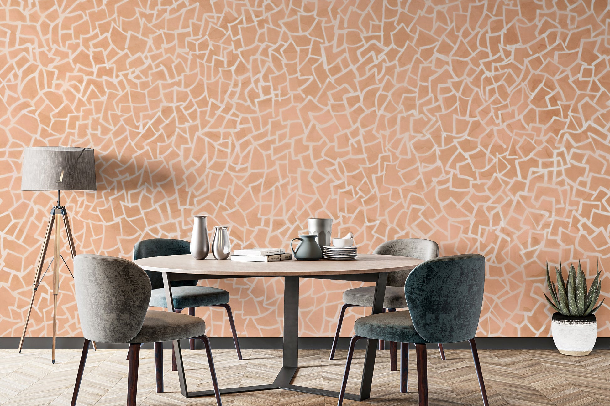 Abstract pink geometric mosaic wallpaper mural with white lines.
