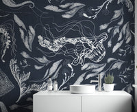 Navy marine life wallpaper with jellyfish, seahorses, and fish.
