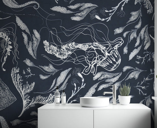 Navy marine life wallpaper with jellyfish, seahorses, and fish.
