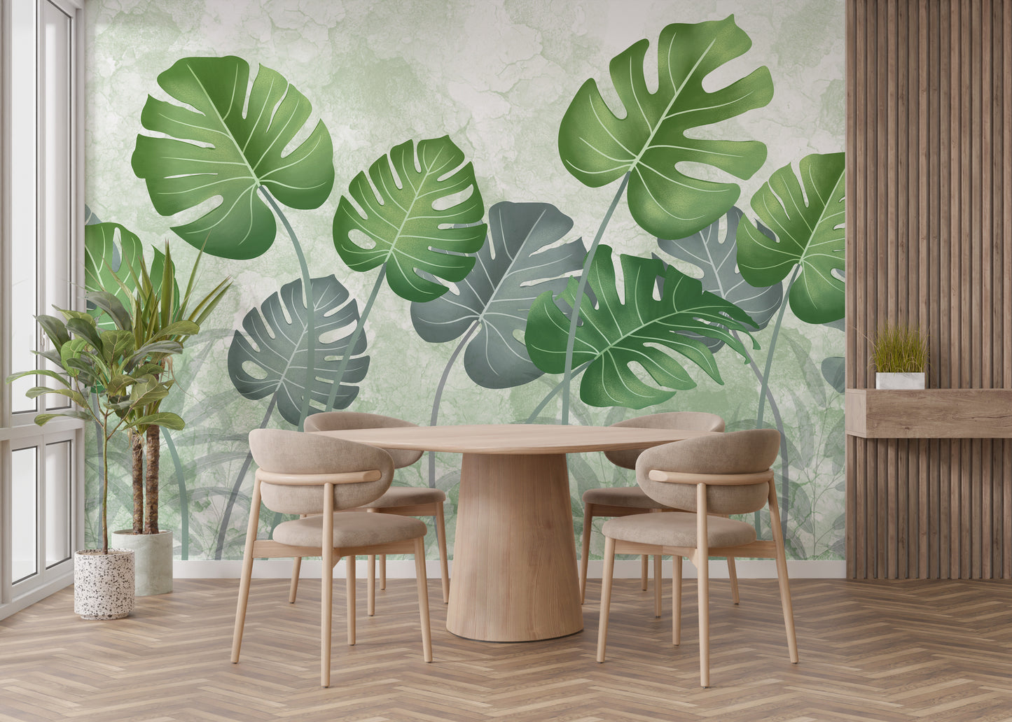 Best Tropical Wild Trees wallpaper mural with green monstera leaves behind a round wood dining table and chairs
