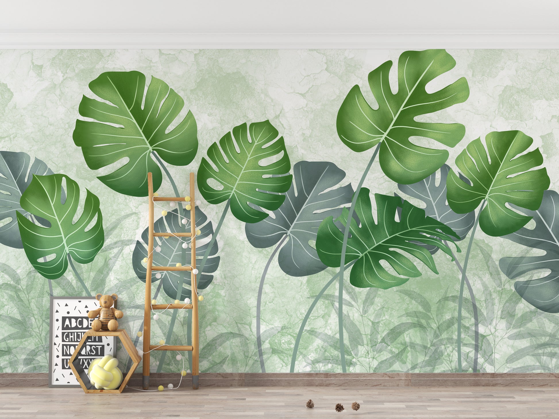 Best Tropical Wild Trees wallpaper mural with green monstera leaves beside a wooden ladder and toys in a kids room