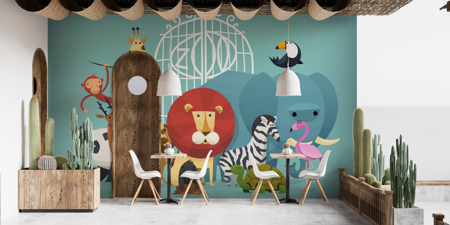 Zoo Animals wallpaper mural styled along a hallway feature wall near a console in a multicolour palette