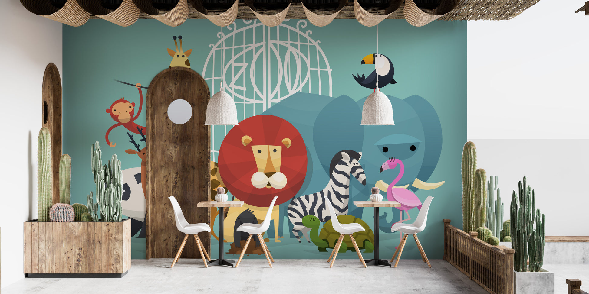 Zoo Animals wallpaper mural styled along a hallway feature wall near a console in a multicolour palette