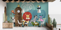 Zoo Animals wallpaper mural styled along a hallway feature wall near a console in a multicolour palette