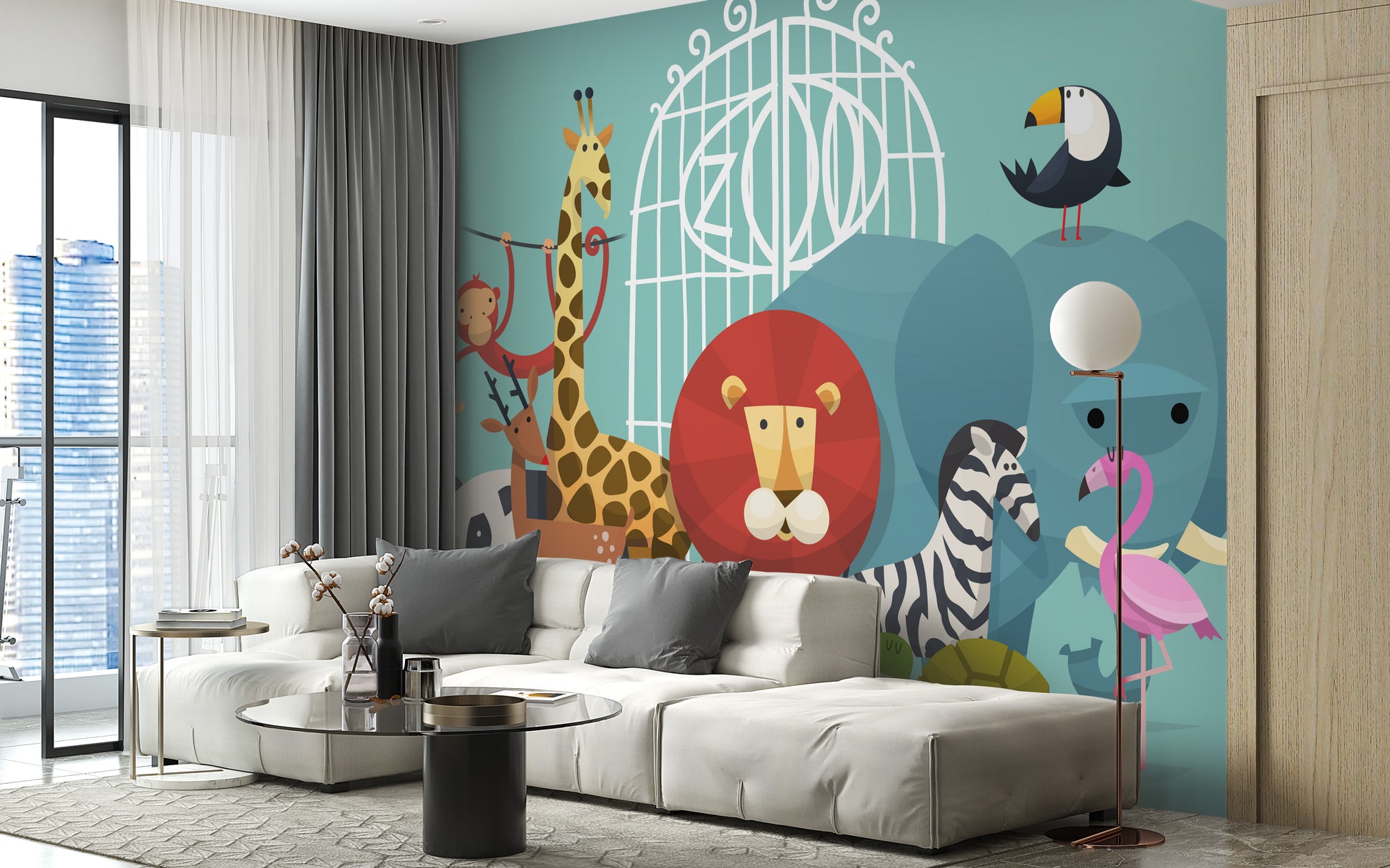 Zoo Animals wallpaper mural as a feature wall in a home office workspace in a multicolour palette