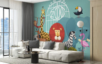 Zoo Animals wallpaper mural as a feature wall in a home office workspace in a multicolour palette