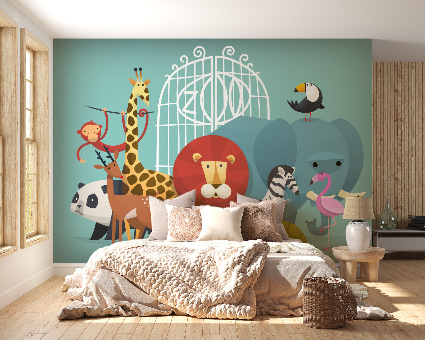 Zoo Animals wallpaper mural styled as a feature wall behind a dining table and chairs in a multicolour palette