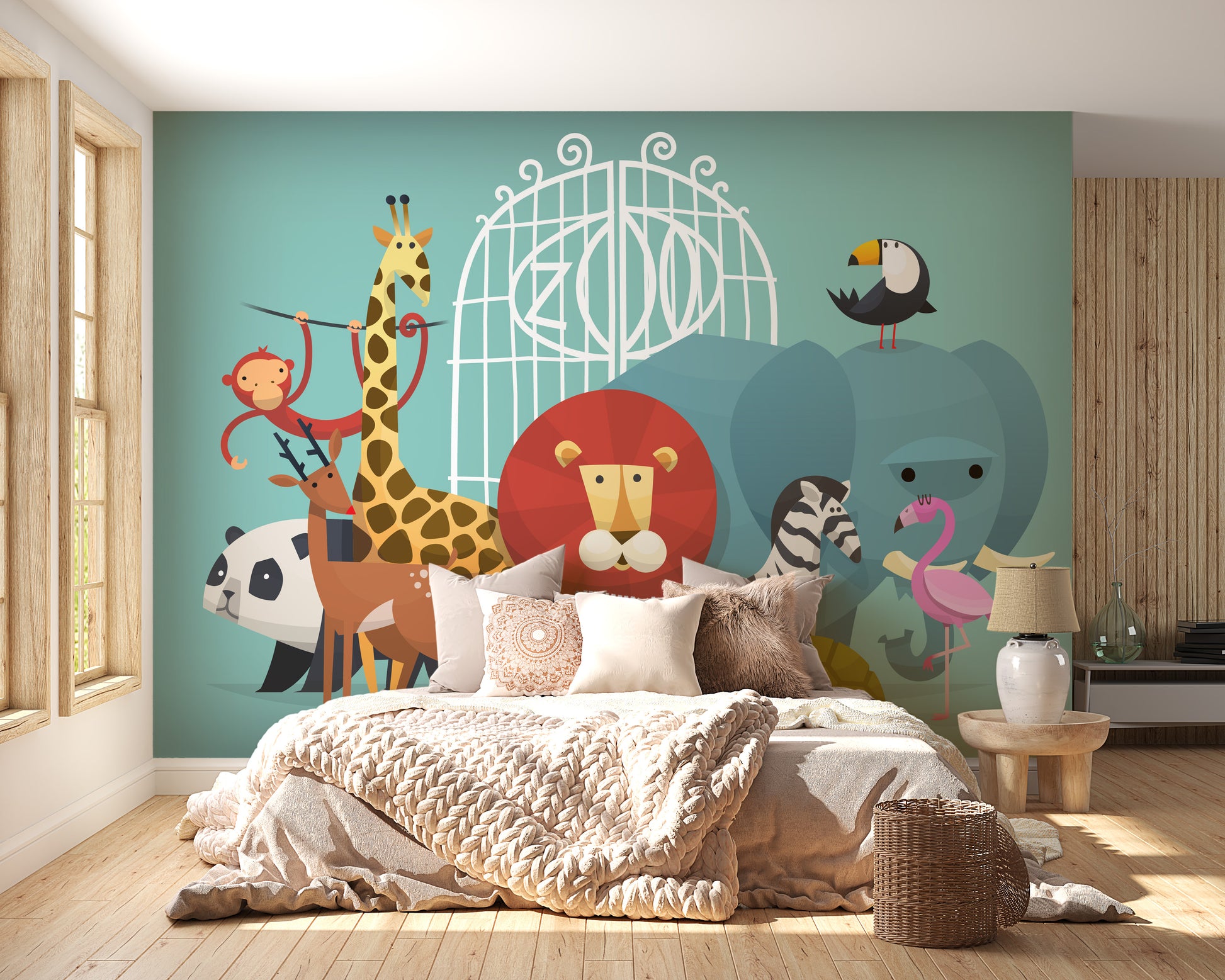Zoo Animals wallpaper mural styled as a feature wall behind a dining table and chairs in a multicolour palette