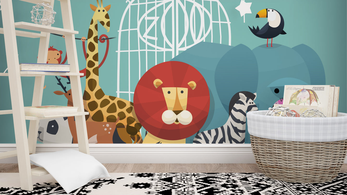 Zoo Animals wallpaper mural as a bedroom feature wall behind the headboard in a multicolour palette