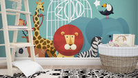 Zoo Animals wallpaper mural as a bedroom feature wall behind the headboard in a multicolour palette