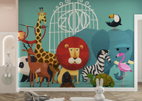 Zoo Animals wallpaper mural shown as a full feature wall that highlights the design