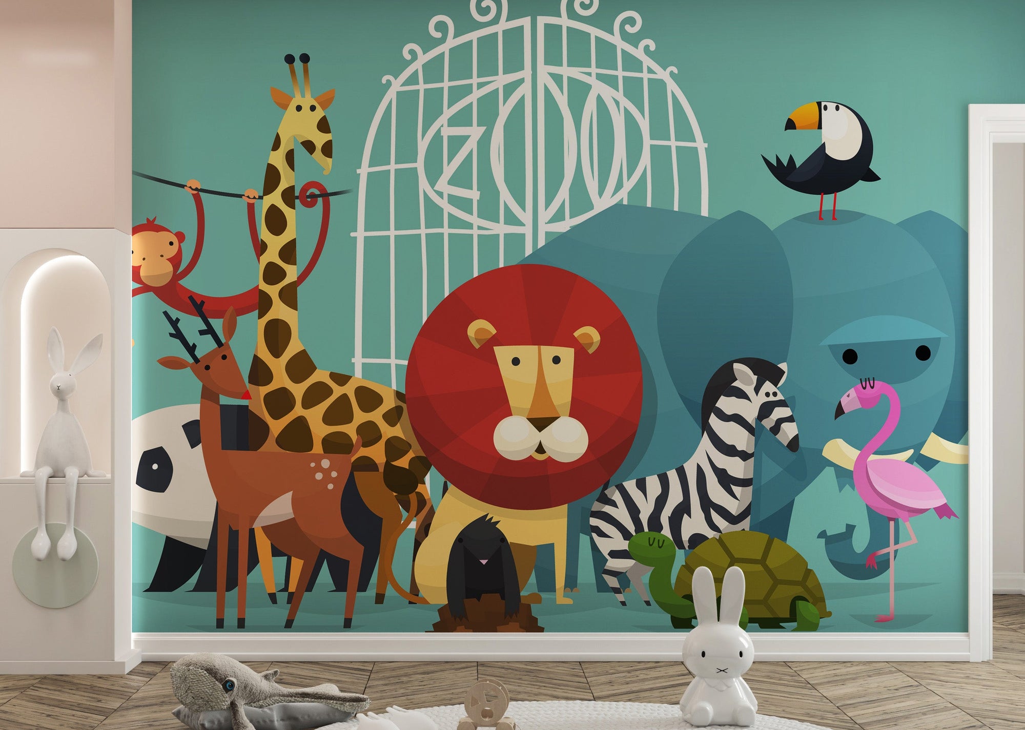 Zoo Animals wallpaper mural shown as a full feature wall that highlights the design