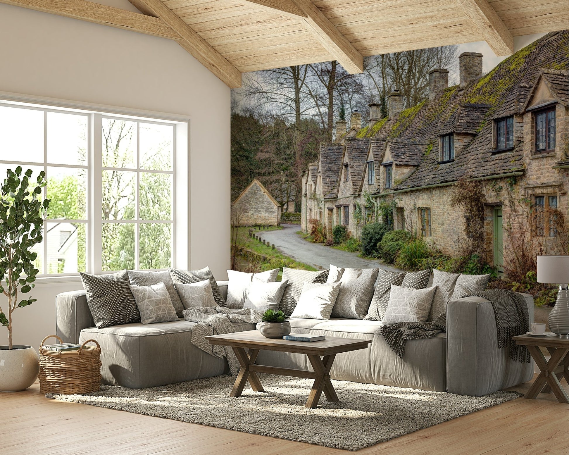 A small, clear stream and a wet, unpaved road run alongside the cottages.

