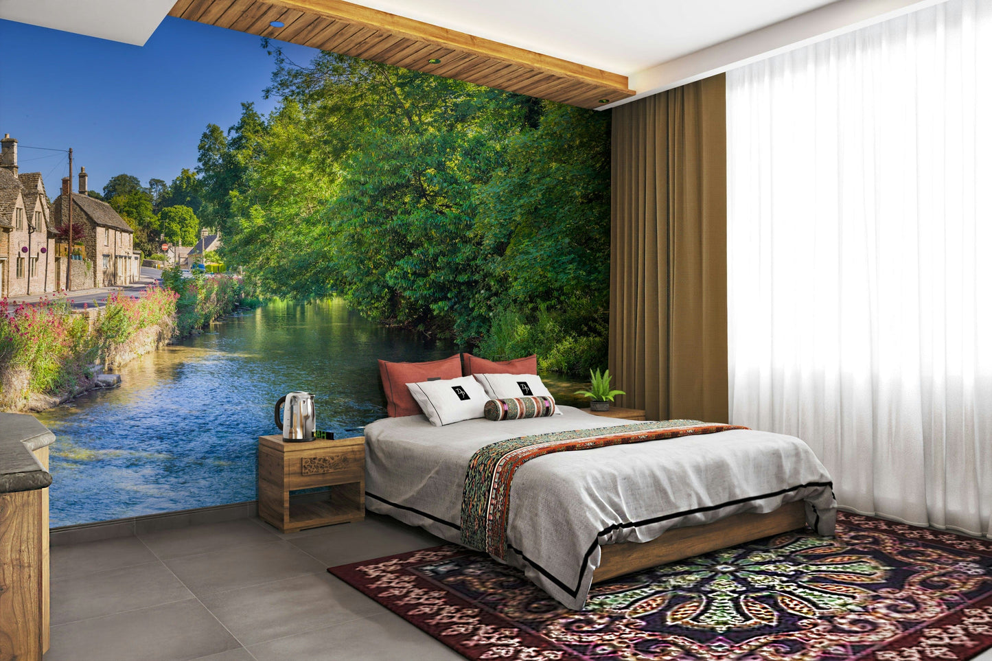 A graceful subtle stream wall mural in cool, natural tones.

