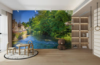 A beautiful charming village wallpaper mural with a stream.

