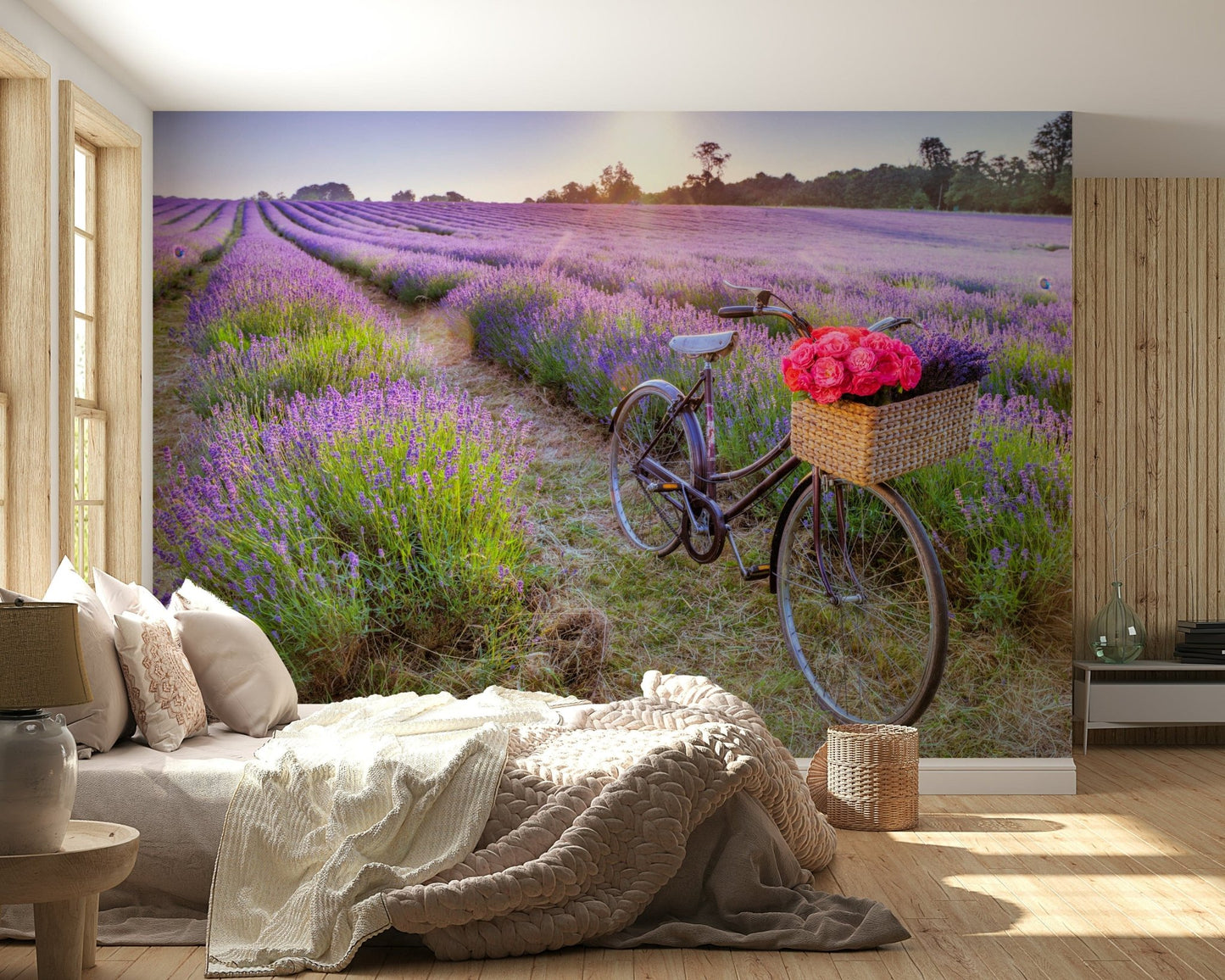 Bicycle in a Lavender Field, rustic cycle path through blooming purple wallpaper