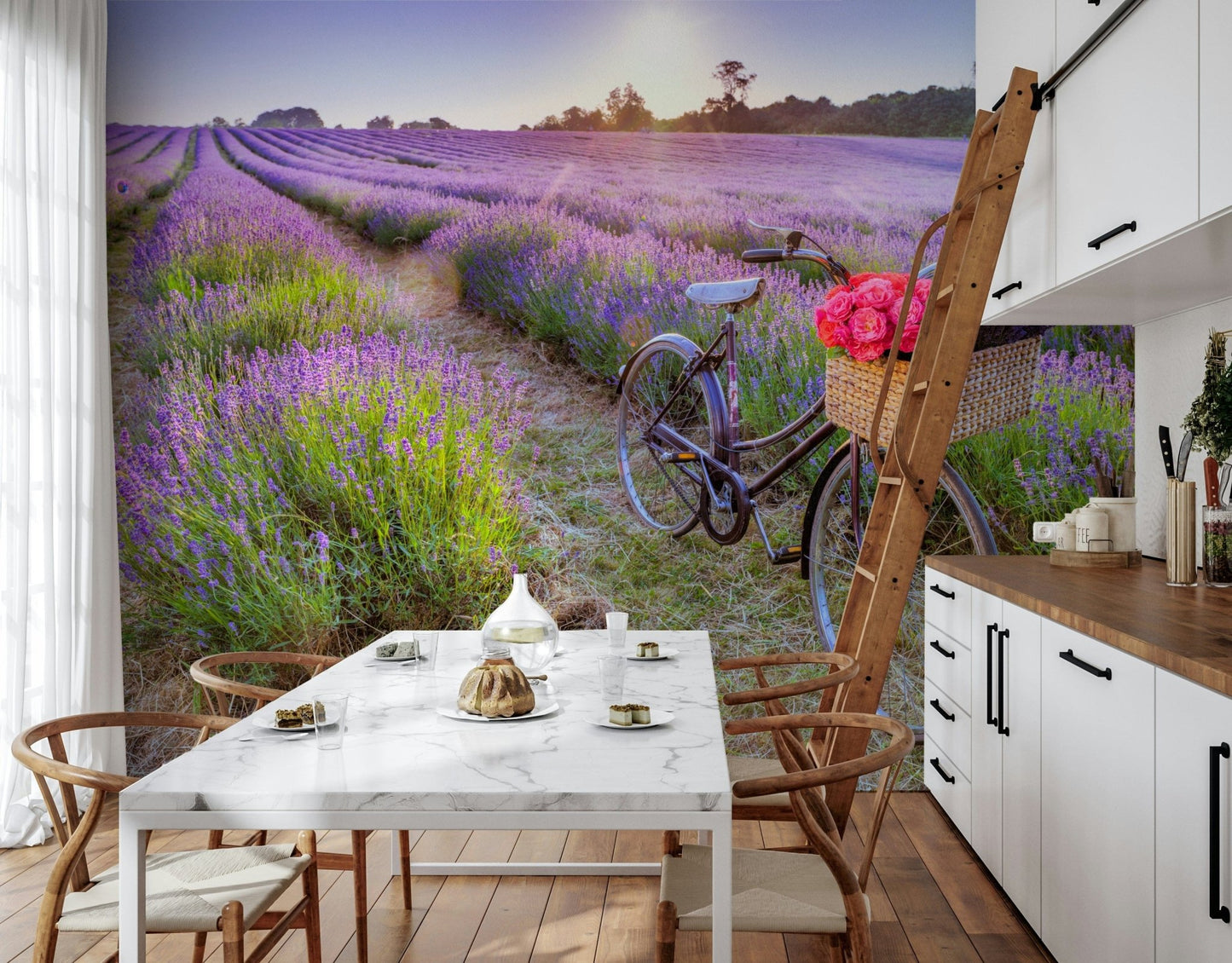 Bicycle in a Lavender Field wall mural, relaxing purple flower landscape design.