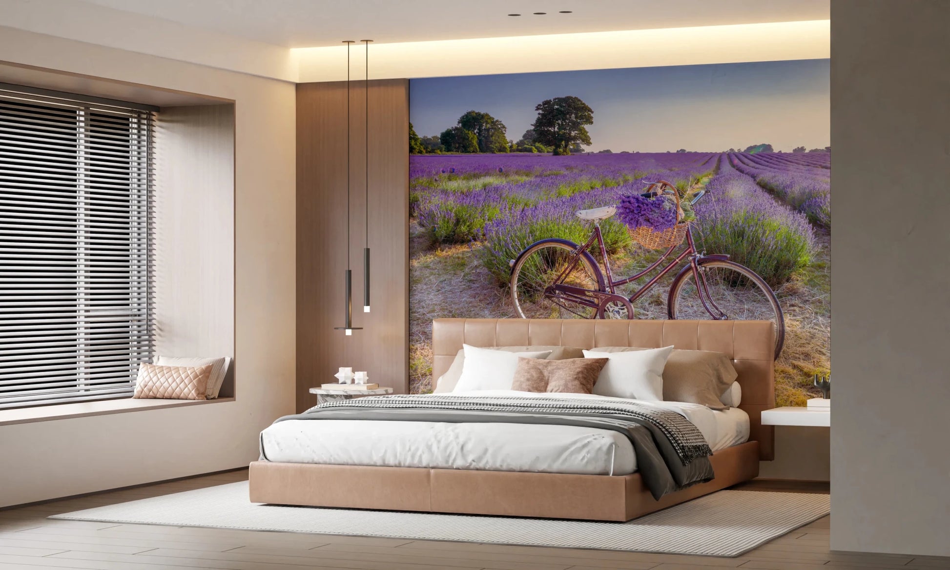 Bicycle in Lavender field wallpaper mural with a bike in purple lavender behind a camel platform bed in a bedroom