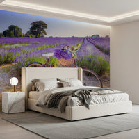 Bicycle in Lavender field wallpaper mural showing a bike in purple lavender behind a cream upholstered bed in a bedroom