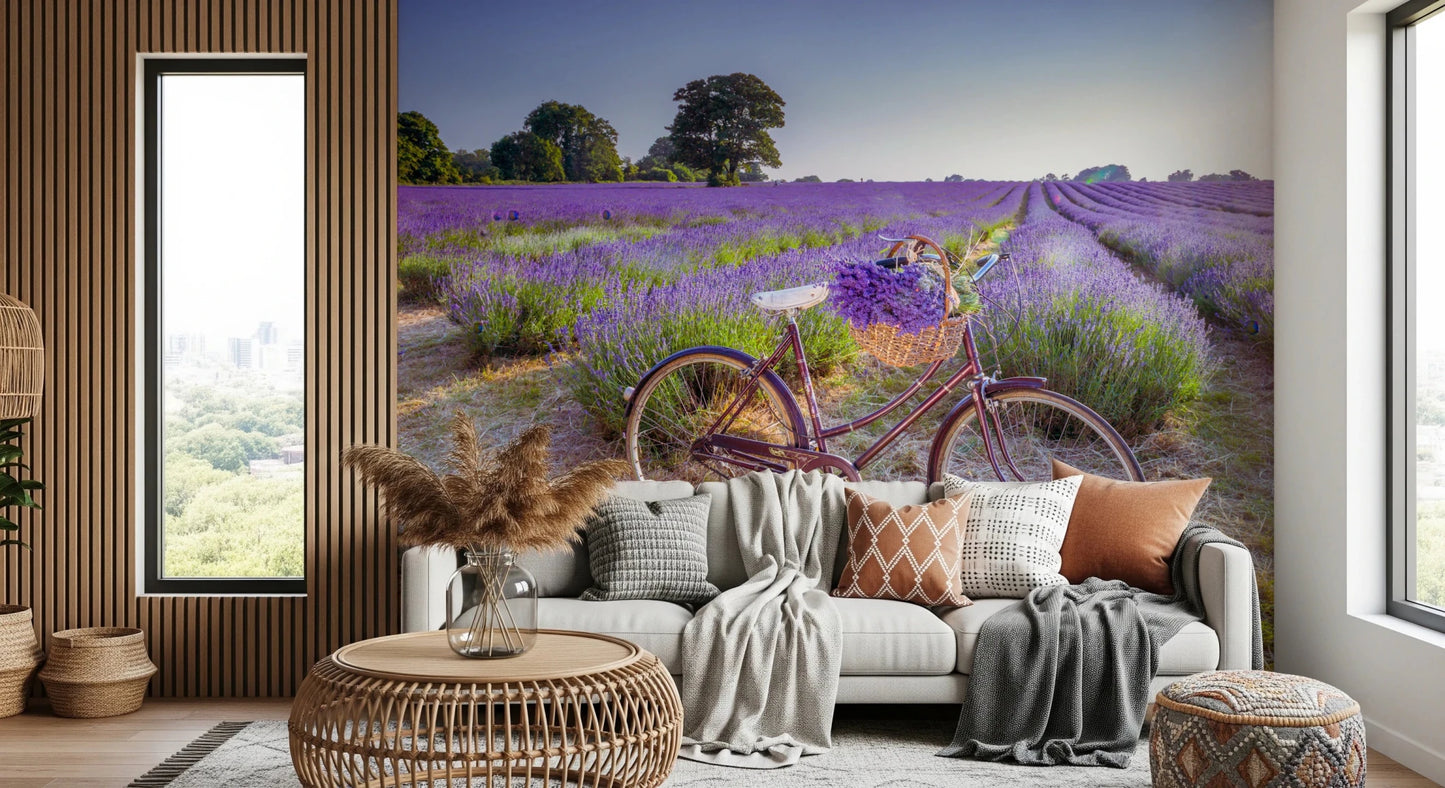 Bicycle in Lavender field wallpaper mural with a bike in lavender behind a cream sofa and wood-slat living room wall