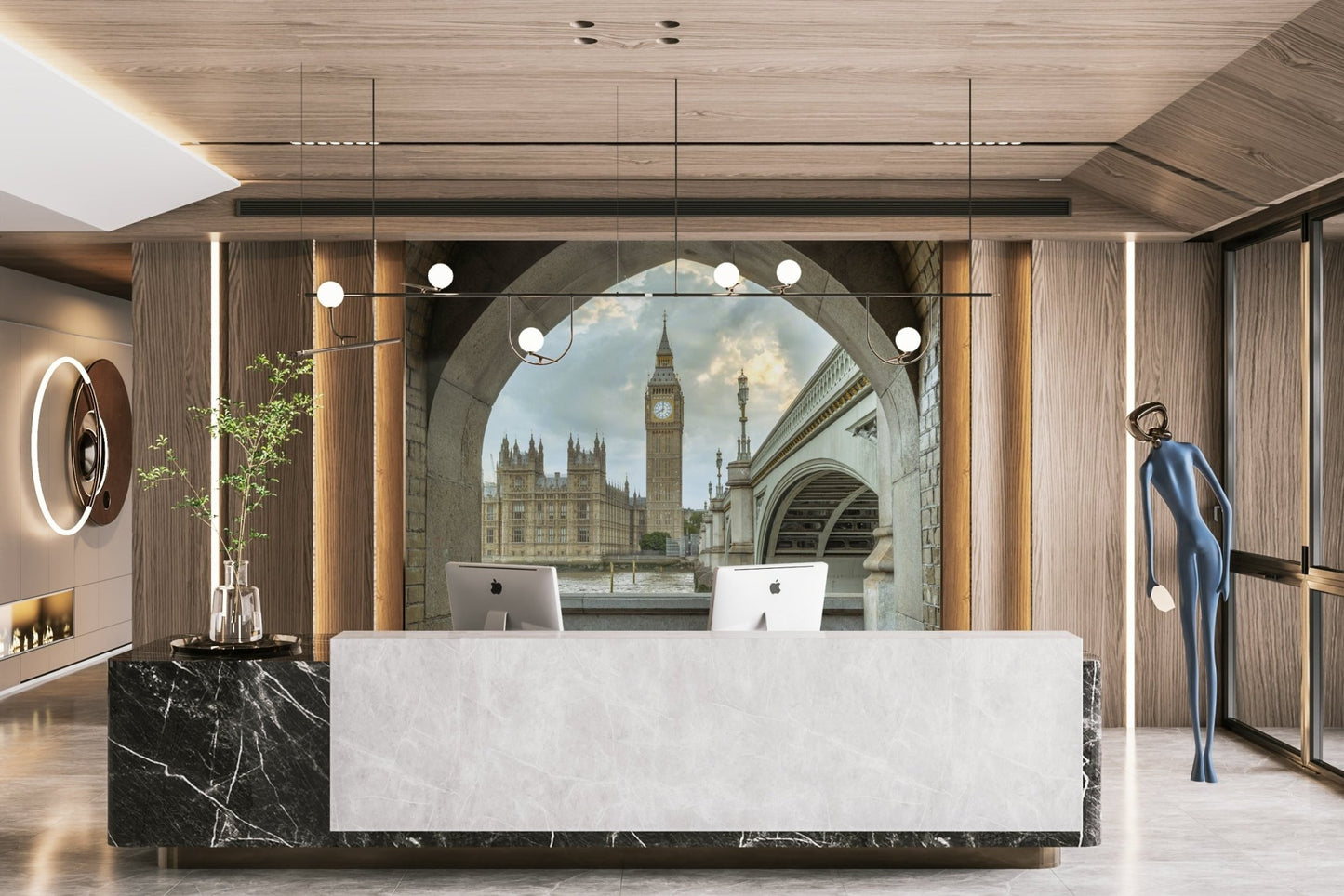 Framed through a rustic stone archway.

