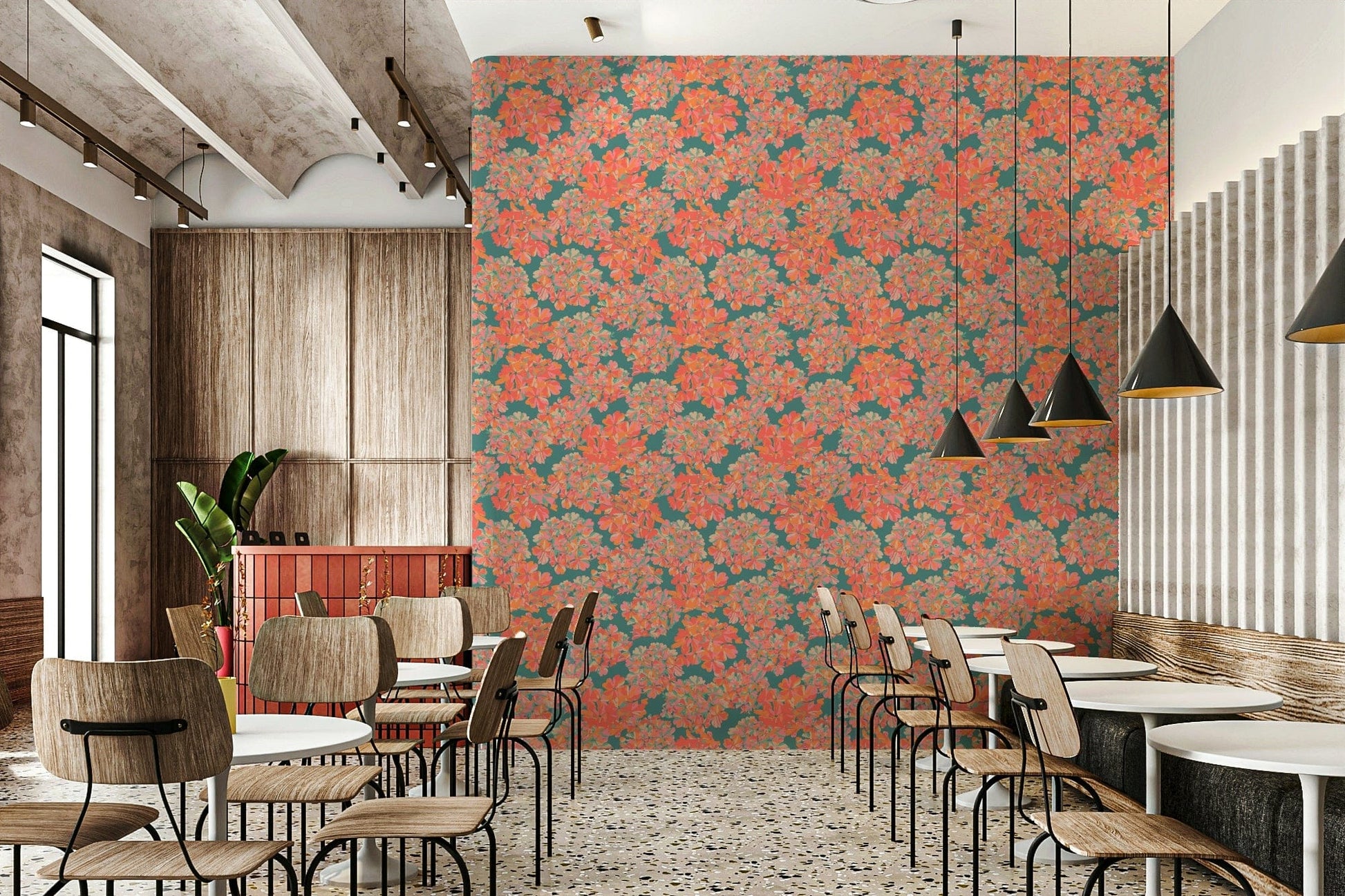 Large-scale hydrangeas accent this floral wallpaper.