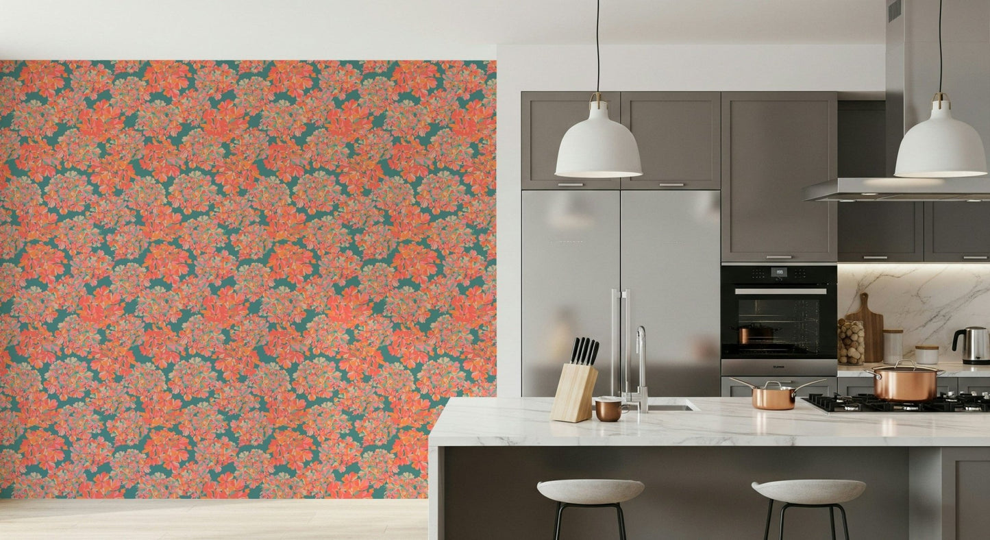 Antique apricot blossoms highlight this teal wallpaper