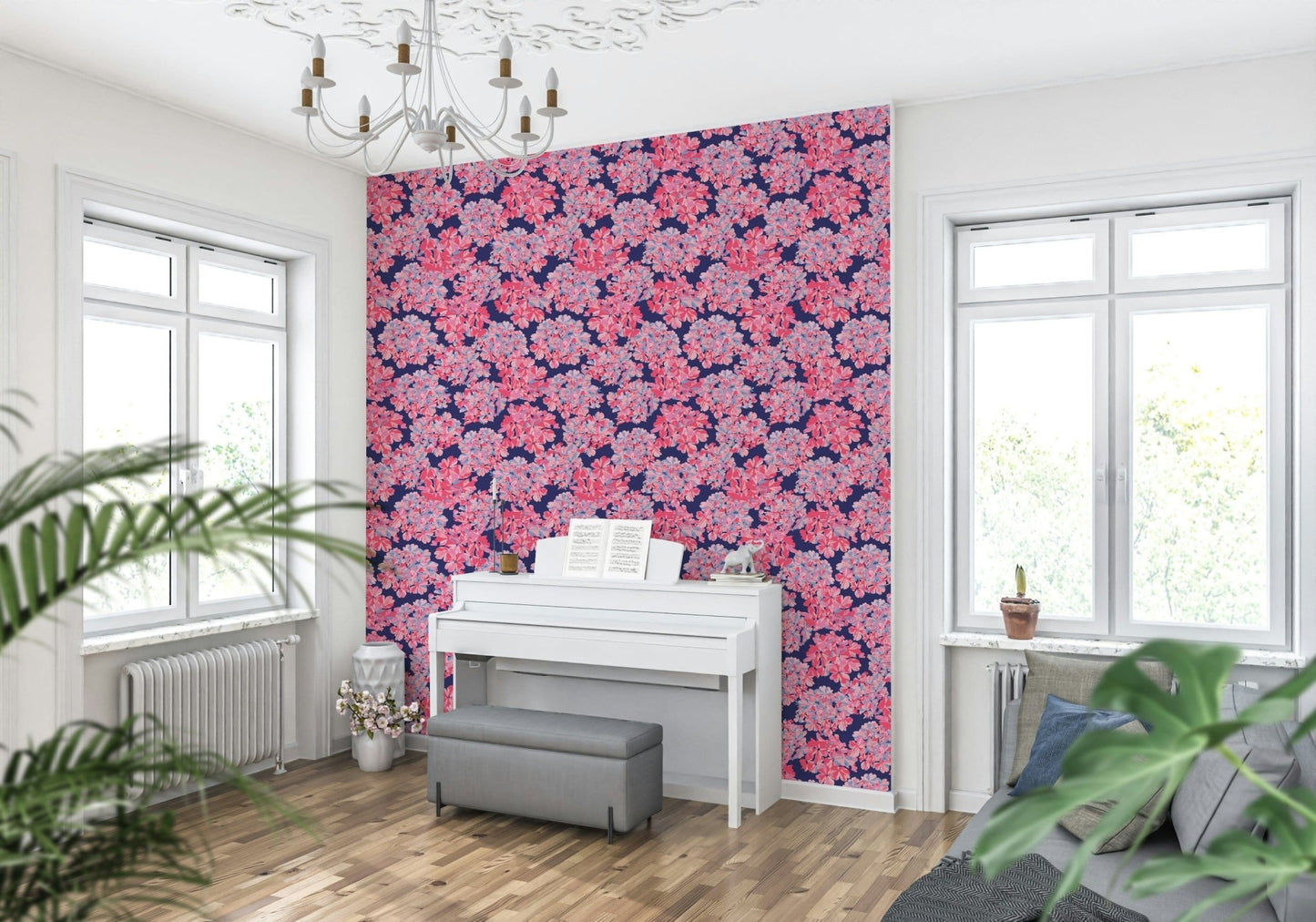Vintage Big Bloom Hydrangeas wallpaper. English floral antique pink blue blush mural.